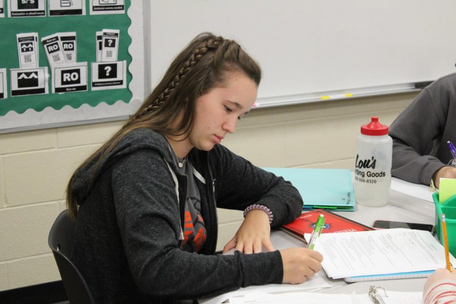 Sophomore Alexis Martin works to complete an assignment for Mrs. Smeltzers Honors English class. Smeltzer gives students time to work on their homework in class.  