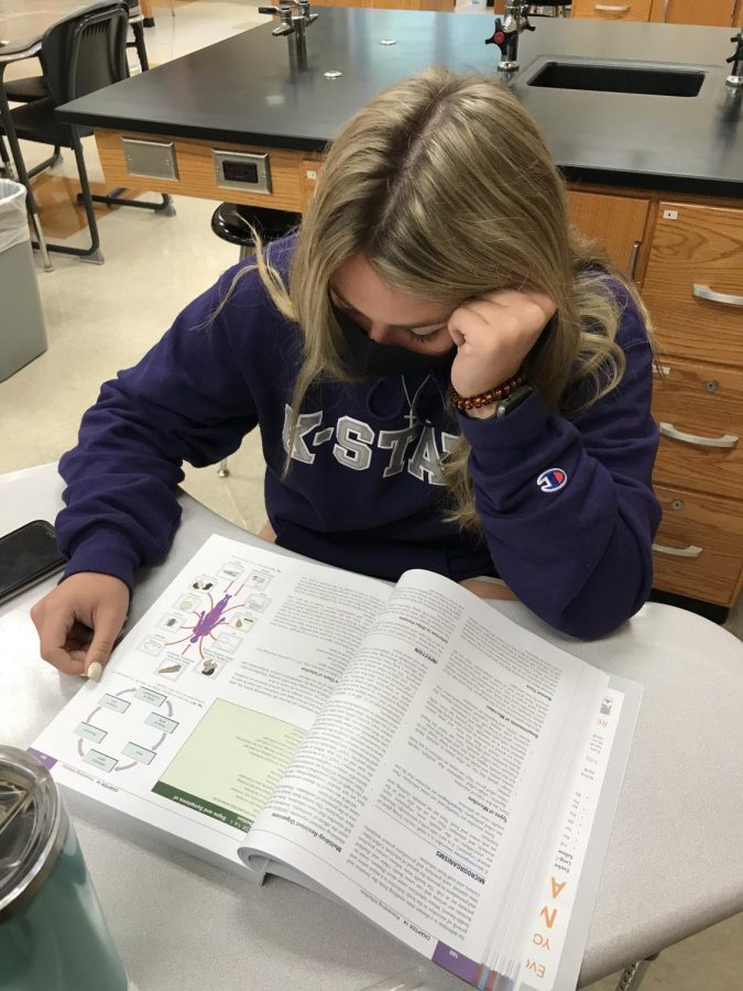 Junior Zoë Sullivan studies her CNA textbook on how germs spread throughout people. Sullivan takes extra time outside of class to study to be prepared for the exams and any topic related to the clinicals.