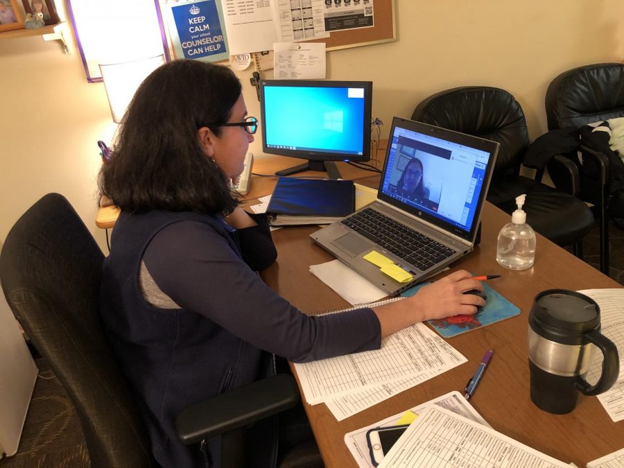 Counselor Audrey Neuchafer participates in a Zoom meeting with quarantine students in her office at 10:00 a.m. Students will join if they have any questions and to check in.