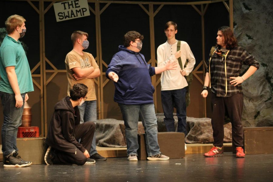  Seniors Owen Frizell (Captains Augustus Bedford Forest) and Noah Rye (Captain Benjamin Franklin Pierce) rehearse the entrance of their characters along with senior Michael Carter, sophomore Cody Wilson, junior Gabe Wilson, sophomore Jackson Williamson. Forest’s nickname was Duke and Pierce’s was Hawkeye.