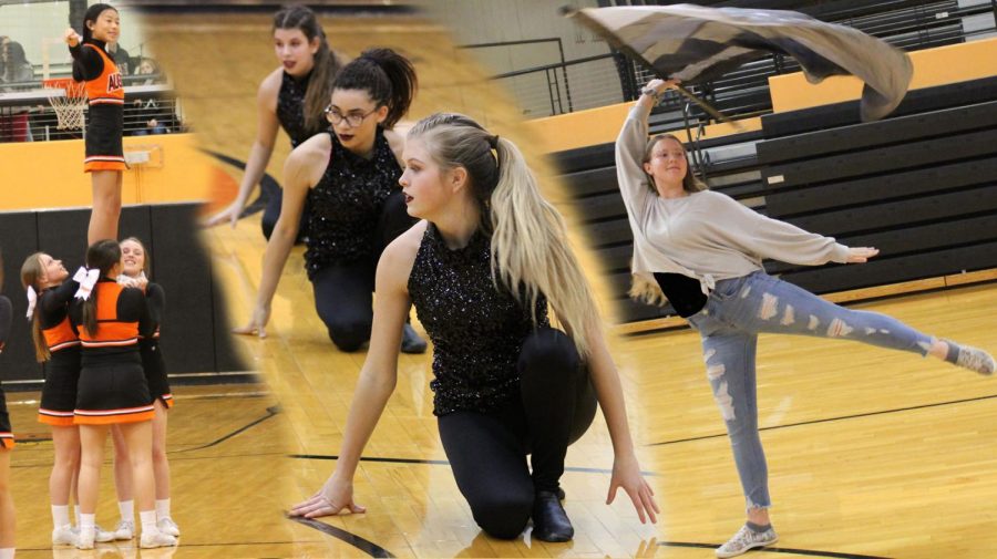 Members of the cheer team, dance team and colorguard perform their routines for basketball season. Each team practiced several times a week to prepare.