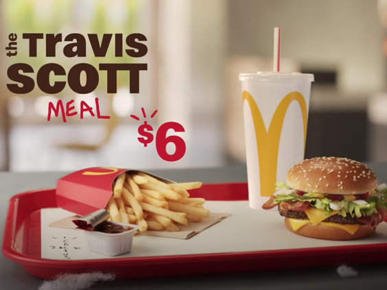 This is the ad picture of the Travis Scott Meal, which shows what he likes to order at McDonald’s.  Travis Scott Burger was a limited item on the McDonalds menu.