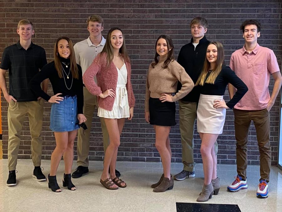  Homecoming candidates seniors Brendan Parker, Maycee Anderson, Ely Wilcox, Carissa Matson, Hallie Johnson, Jacob Money, Brittney Foy and Xander Roberts stand for a picture together. The homecoming coronation will take place this Friday, Feb. 19 in Hutter Gym at 5:45 p.m.. 