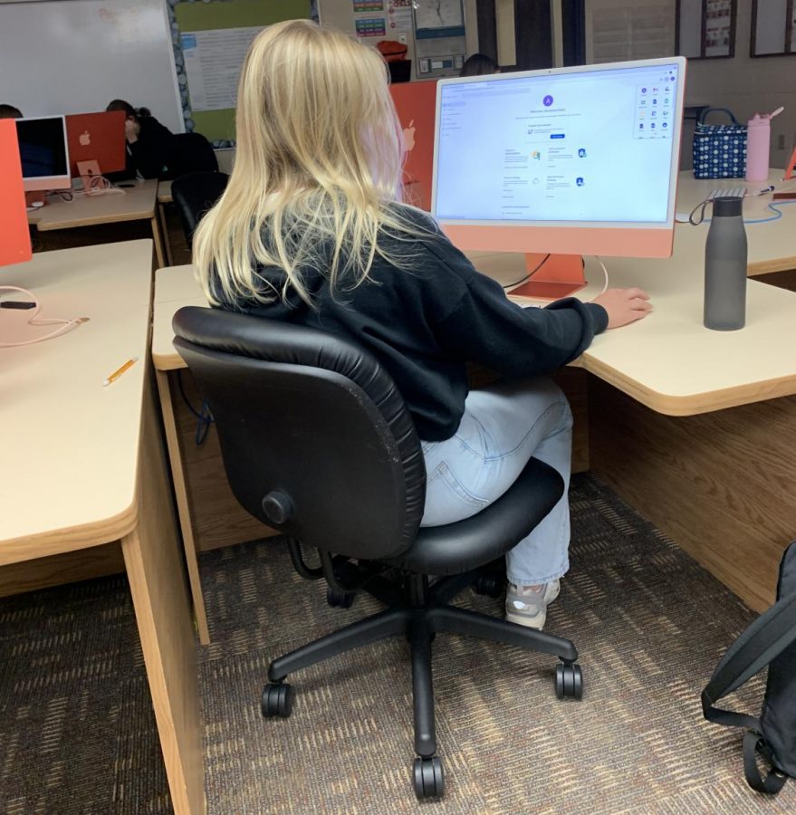 Junior Alexandra Svard works on the first newspaper provided assignment; two school related photos were taken by each student. Svard goes through the obstacle of google in order to upload her pictures.   
