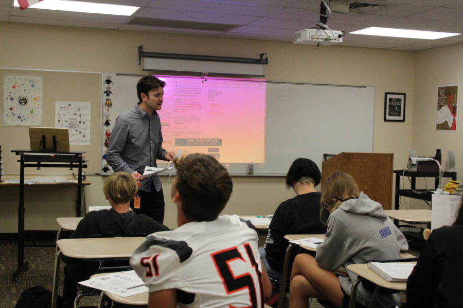 English teacher Casey Lindsted teaches his 3B English class after lunch. He was discussing the important pieces of literature. 
