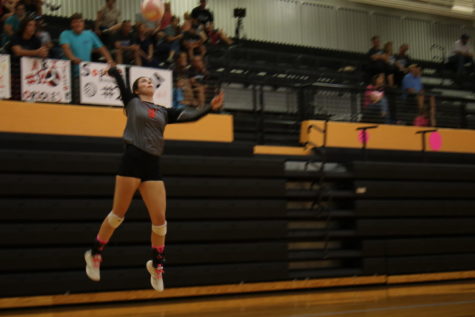 Volleyball senior Tommie Schaffner jump serves during the Pink Out game. Schaffner and the team played with pink socks and a pink volleyball to support Breast Cancer Awareness Month.