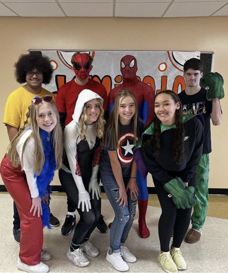 The+Homecoming+court+poses+in+their+first+spirit+day+outfits.+The+theme+was+Marvel+Monday+which+they+all+dressed+accordingly+to.+