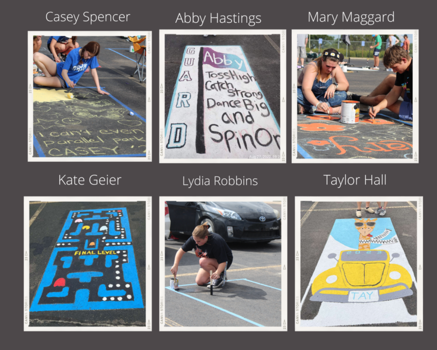 Senior’s paint their spots Saturday, Aug. 27 in the high school parking lot. While in the heat of the day family and friends help the students paint there spot with jokes in conversations.