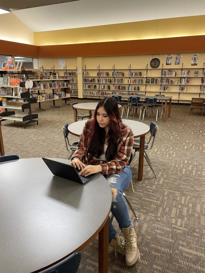 Junior Giselle Mestas typing on her school Chromebook.. 
“I think it’s easier to lose work on paper than it is to lose it online,” junior Giselle Mestas said.