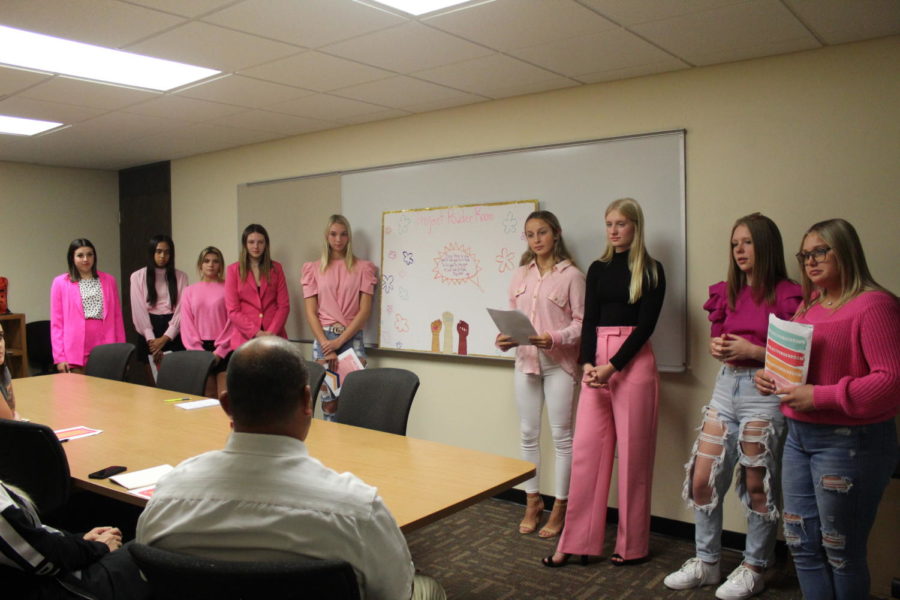 Project Powder Room presents their idea to Rick Rivera, Jennifer Dawson, Harmony Davis and Audrey Neuschafer. The group will provide feminine products in bathrooms within a few months.
