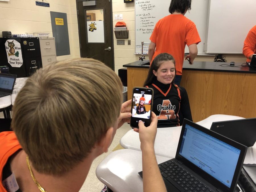 Sophomore Gabe Kohls takes his BeReal of sophomore Emma Richardson in Nathan Stevens biology class. Kohls has had BeReal for a couple of months, however, he rarely posts on the app.