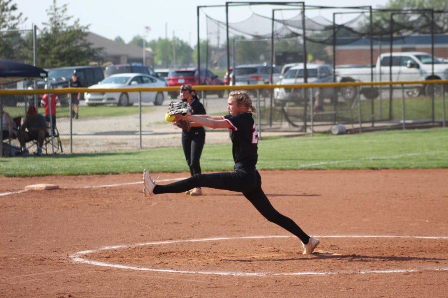 Sophomore Rylee Sanger pitches in a game during her freshman season in 2022. Sanger has been playing softball since she was a young child and plays on a club team as well as the school team.