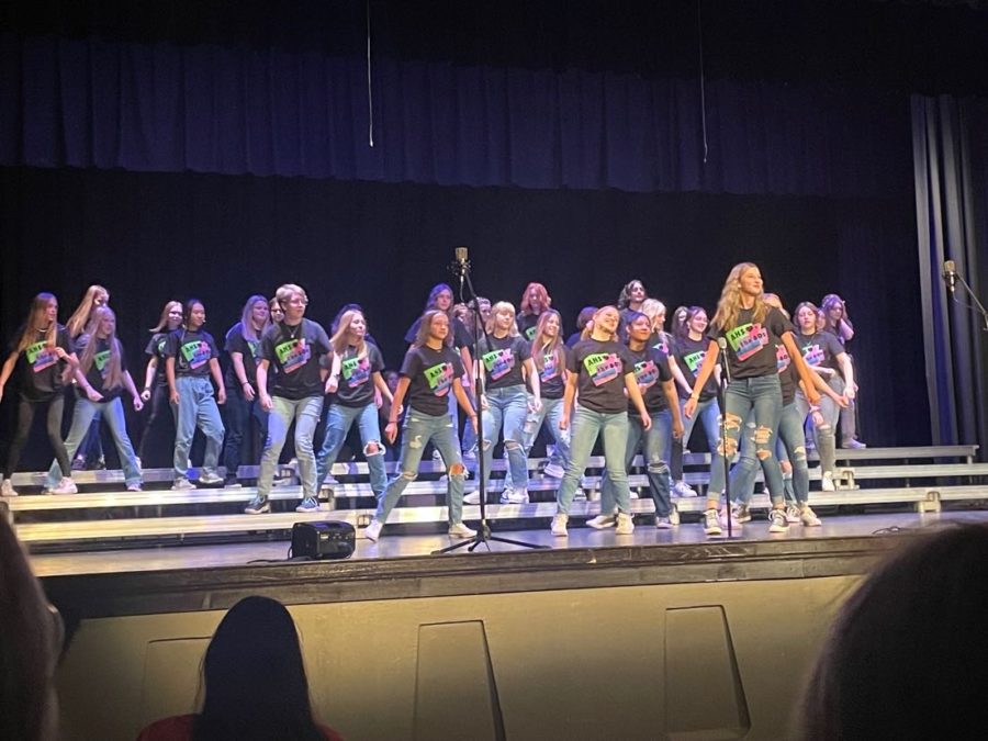 Women’s choir performs their first number of the evening, “Fame”. Students received matching t-shirts with the name of the program and logo on the front with a cast list on the back. 