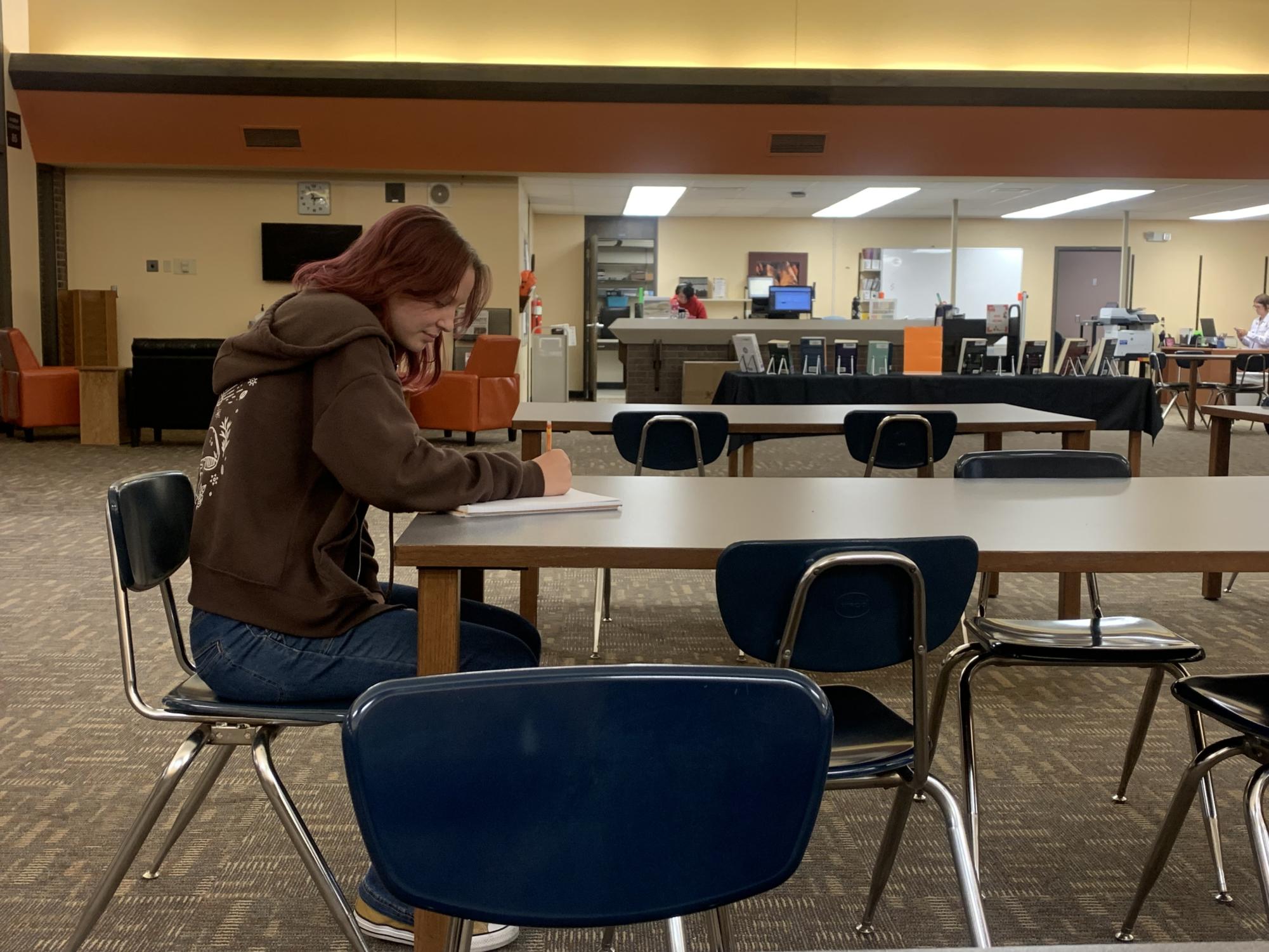 Sophomore Gabrielle Wilson studies Spanish in the library during Ace. She often comes in to study in the library rather than stay in her classroom. “It is a more quiet and comfortable environment,” Wilson said.