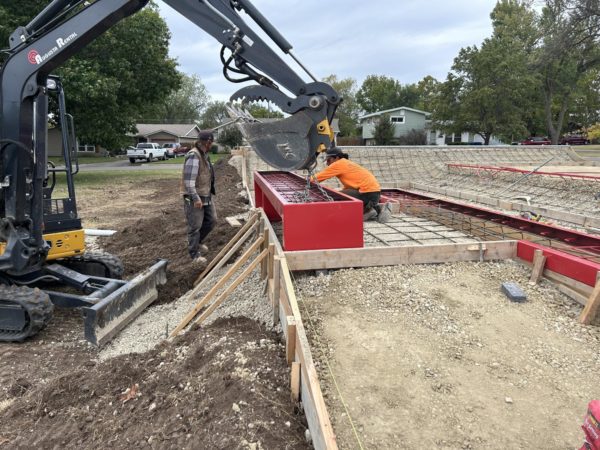 Members of Spohn Ranch work on placing frames before puring concrete for the skatepark. The park will be located in Moyle field next to Lincoln Elementary. 
