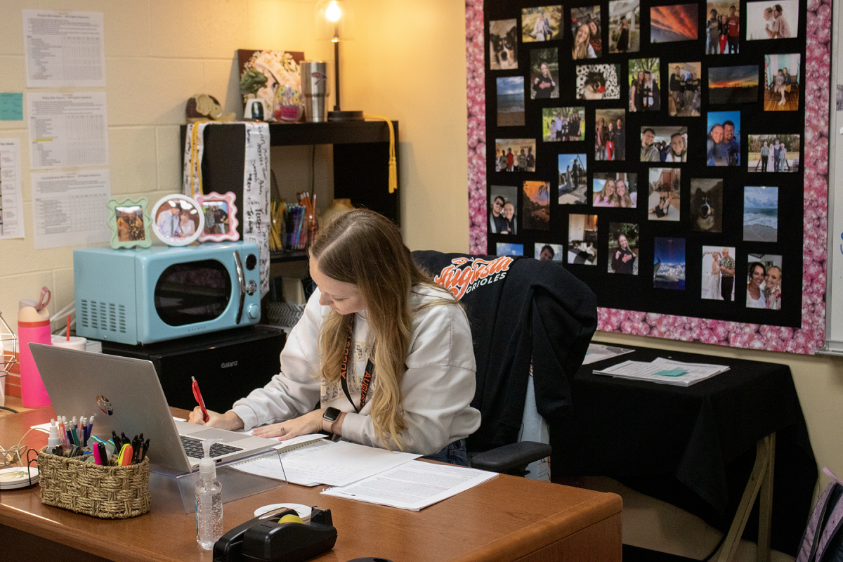 English teacher Hannah Haines works on her next lesson plan during her 3B planning period. Haines’s freshmen classes learned about mythology whilst her junior classes read “The Crucible”. 