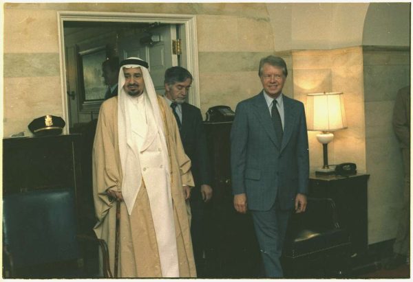 President Jimmy Carter and King Khalid bin Abdulaziz Al Saud of Saudi Arabia hold a meeting about Middle Eastern Peace agreements. During Carter’s presidency, he sought to make the Middle East a peaceful place to live and wished to grow relations with the countries in the area.