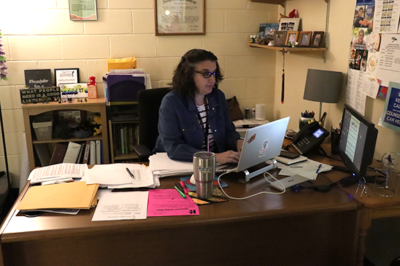 Counselor Audrey Neushafer sits at her desk managing next year's schedules. Neushafer is the sophomore and senior counselor, she is also responsible for a large portion of student future planning.