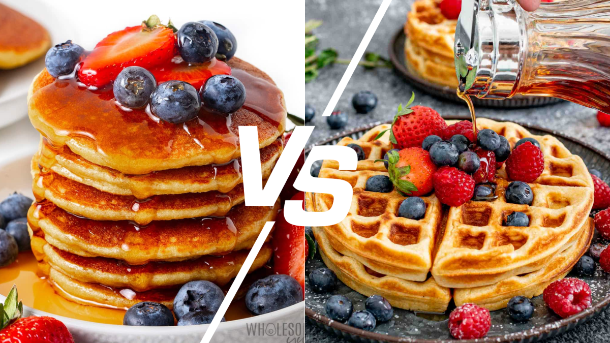Pancakes are a soft bread cooked flat over a heated pan, while waffles are cooked in a specific machine, sandwiching the batter. Both pancakes and waffles date back to ancient Greece.