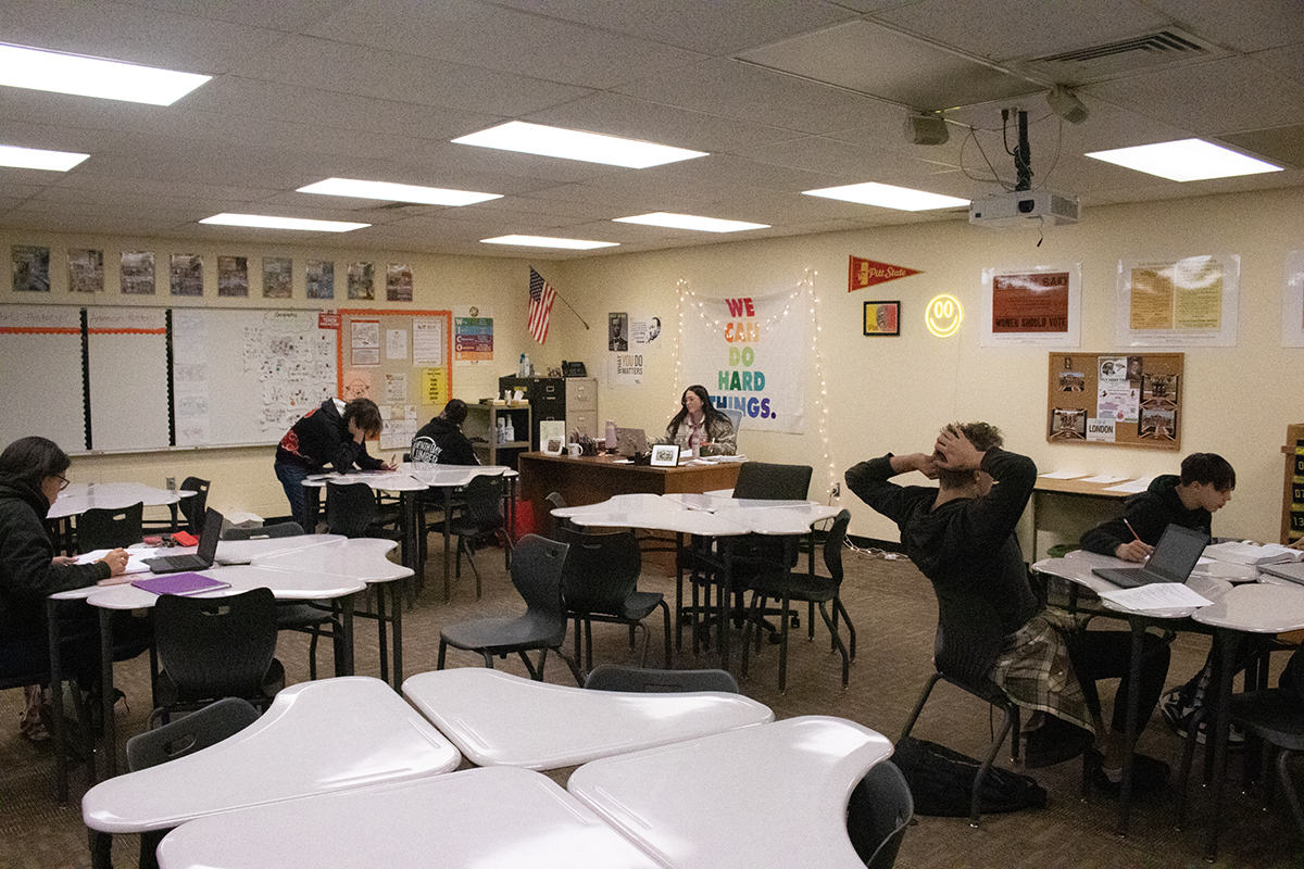Social Studies teacher Taylor Cusick's students finish up their final over history. On the last day of the semester, students took their 3B and 4B finals. "It was one of the easier finals," junior Damien Sampson said. "I finished quickly, and I got to study for my other finals."